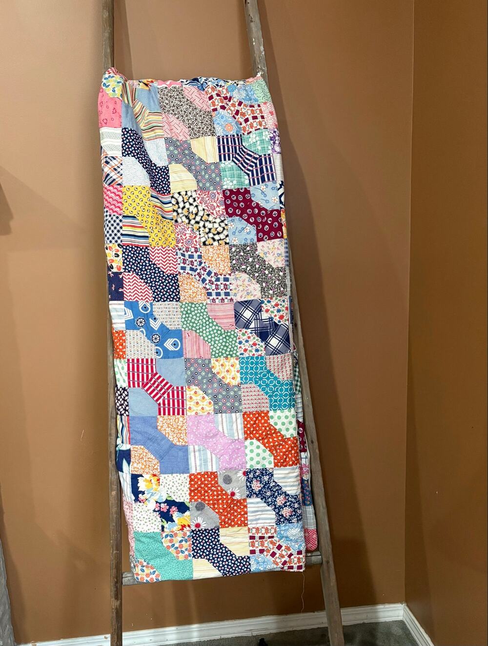 Vintage Colorful Feedsack Bowtie Quilt Handmade Cotton Fabric Farmhouse Cottage